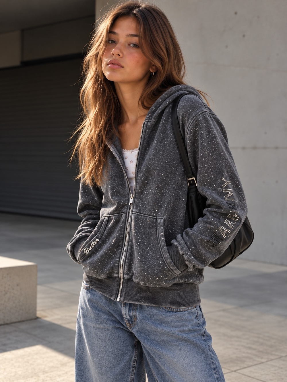 Women’s Charcoal Speckled Zip-Front Hoodie Jacket